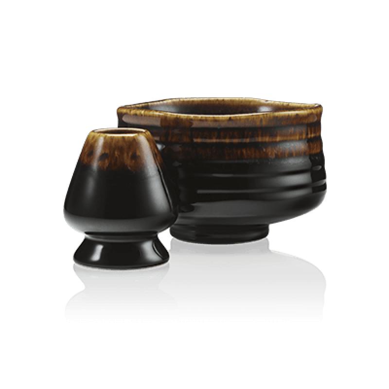 Coffret – Bol à matcha 50cl et repose-fouet marrons en porcelaine